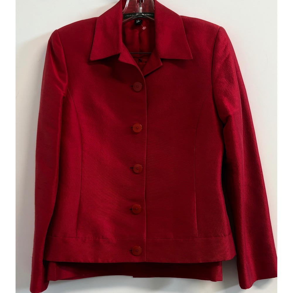 Linda Allard Ellen Tracy Red 100% Silk 2 Piece Skirt Suit Blazer Set Womens